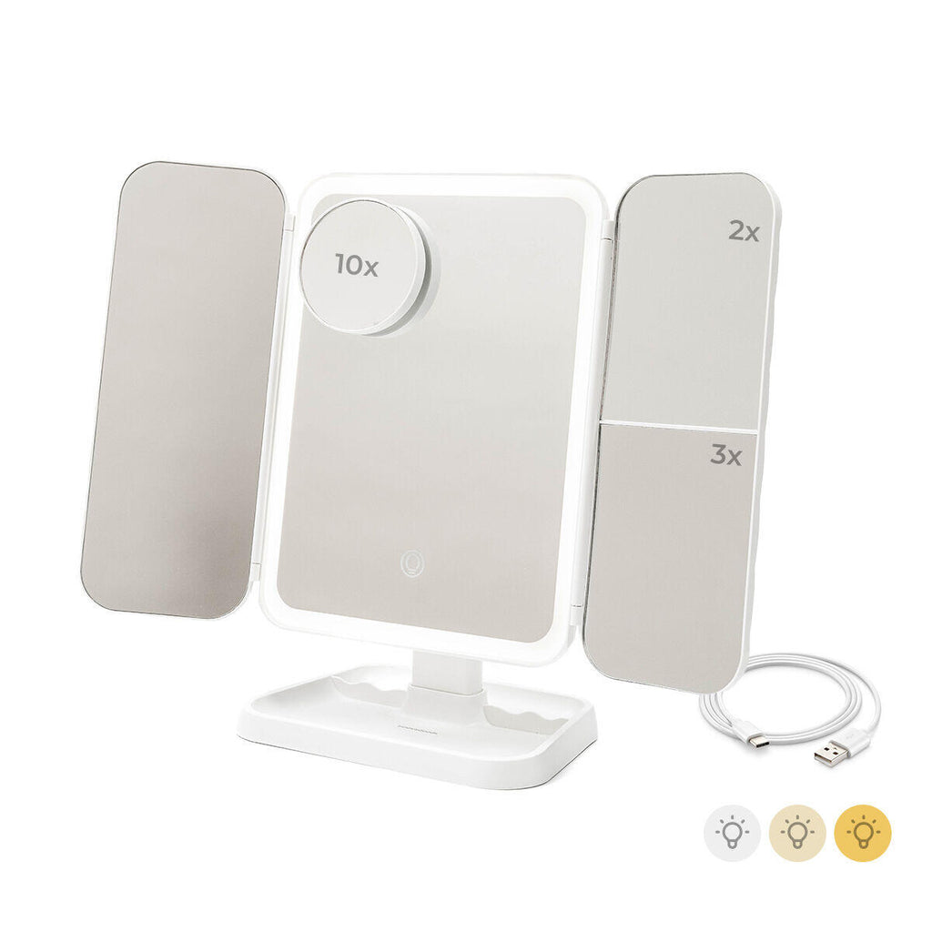 Espejo de Maquillaje Tríptico Recargable con Aumento y Luz LED Miled InnovaGoods